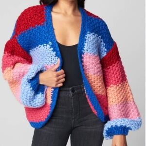 BlankNyc catch the rainbow chunky colorful knit cardigan w/balloon sleeves sizeS